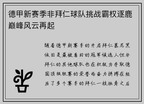 德甲新赛季非拜仁球队挑战霸权逐鹿巅峰风云再起 德甲新赛季非拜仁球队挑战霸权逐鹿巅峰风云再起