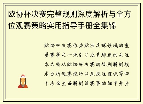 欧协杯决赛完整规则深度解析与全方位观赛策略实用指导手册全集锦