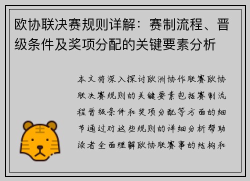 欧协联决赛规则详解：赛制流程、晋级条件及奖项分配的关键要素分析