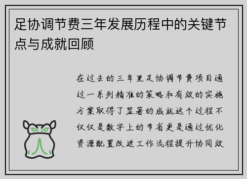 足协调节费三年发展历程中的关键节点与成就回顾