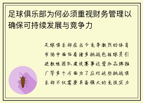 足球俱乐部为何必须重视财务管理以确保可持续发展与竞争力